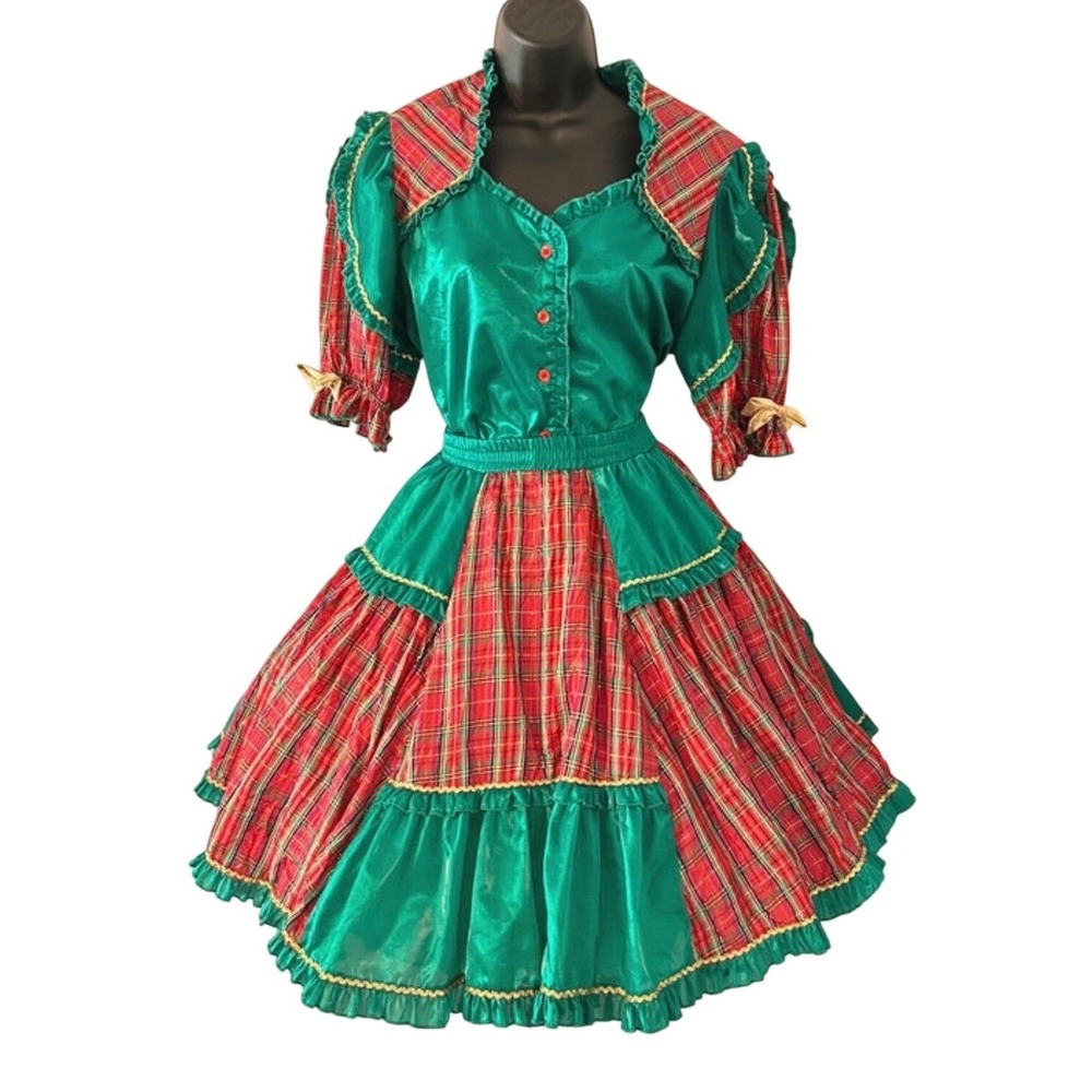 Vintage Fancy Fashions Square Dance Dress Set Sz L Green Plaid 3 Pc Christmas